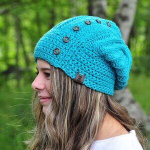 Handmade Teal Hat with Buttons, Crochet Toque Made in Canada